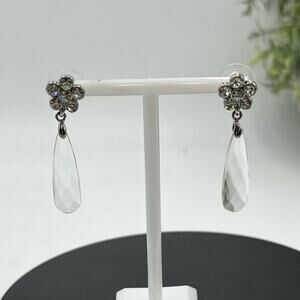 Faceted Teardrop Glass Floral Silver Tone Dangle‎ Earrings